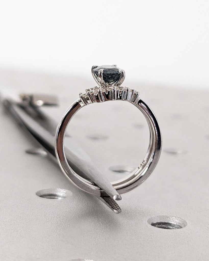 Unique Blue Green Natural Sapphire Engagement Ring Set | Oval Sapphire and Diamond Wedding Anniversary Ring | Diamond Cluster Stacking Ring