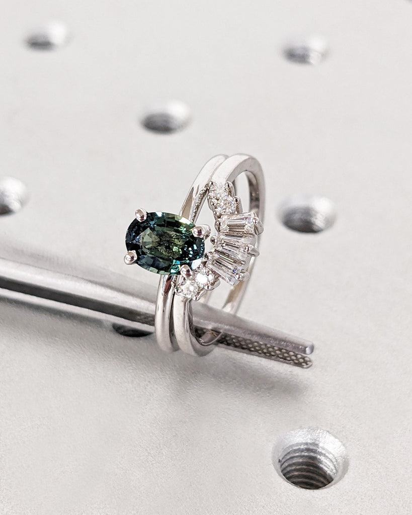 14k White Gold Teal Sapphire Ring | Art Deco Promise Anniversary Ring for Wife | Crown Ring | Baguette Ring | Stacking Ring Set