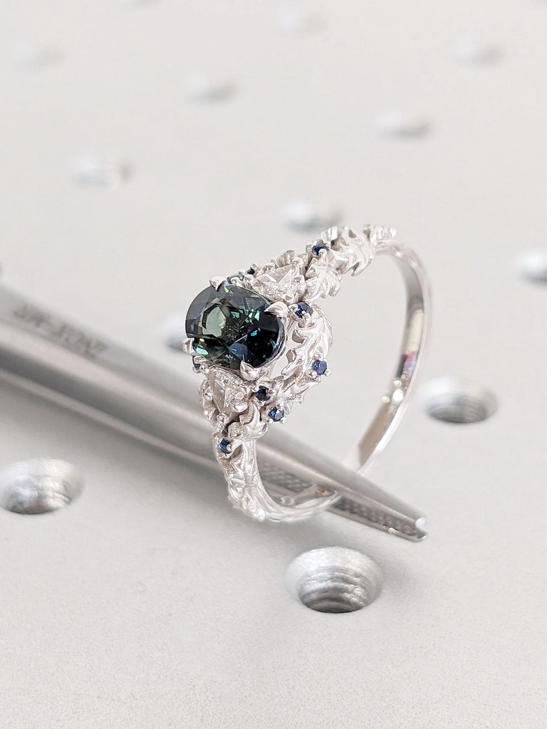 Oval cut Peacock Sapphire and Sparkling Diamond Engagement Ring | 14k White Gold Sapphire Ring | September Birthstone Ring | Promise Ring for Her