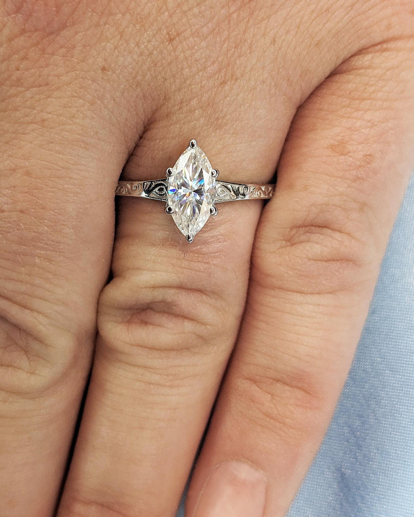 Marquise Cut Moissanite Ring Vintage Moissanite Engagement Ring 14K Solid Gold Unique Classic Solitaire Engagement Ring Filigree Hand Carved