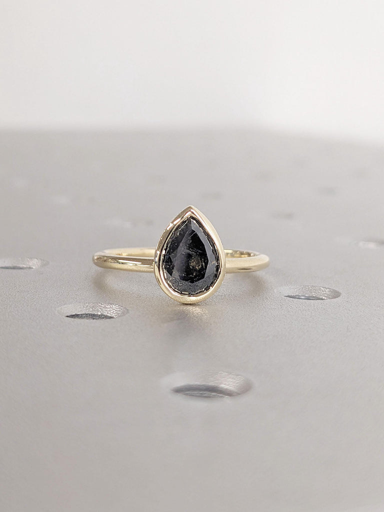 Pear cut Natural Salt and Pepper Black Diamond Simple Promise Ring for Her | Vintage Wedding Ring | 14k 18k Gold Ring | Woman Bridal Ring