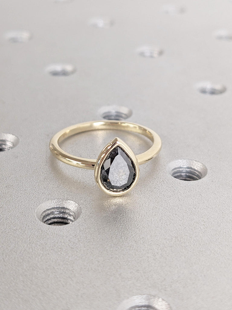 Pear cut Natural Salt and Pepper Black Diamond Simple Promise Ring for Her | Vintage Wedding Ring | 14k 18k Gold Ring | Woman Bridal Ring