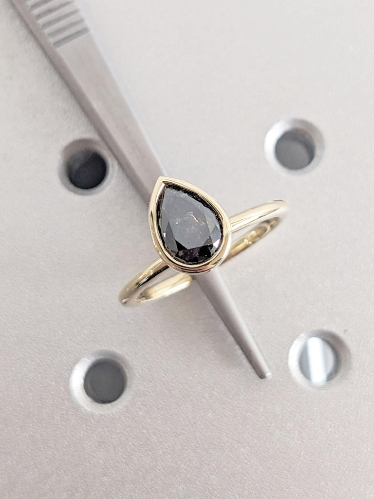 Solitaire Engagement Ring | Natural Salt and Pepper Black Diamond Pear cut Ring | 14k Yellow Gold Simple Promise Ring for Her