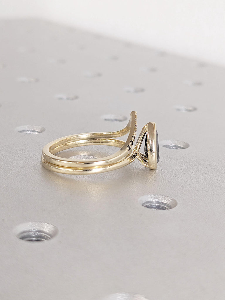 Minimalist 14k Yellow Gold Ring | Diamond Cluster Chevron Eternity Ring | Woman Bridal Ring Set | Pear cut Salt and Pepper Galaxy Diamond