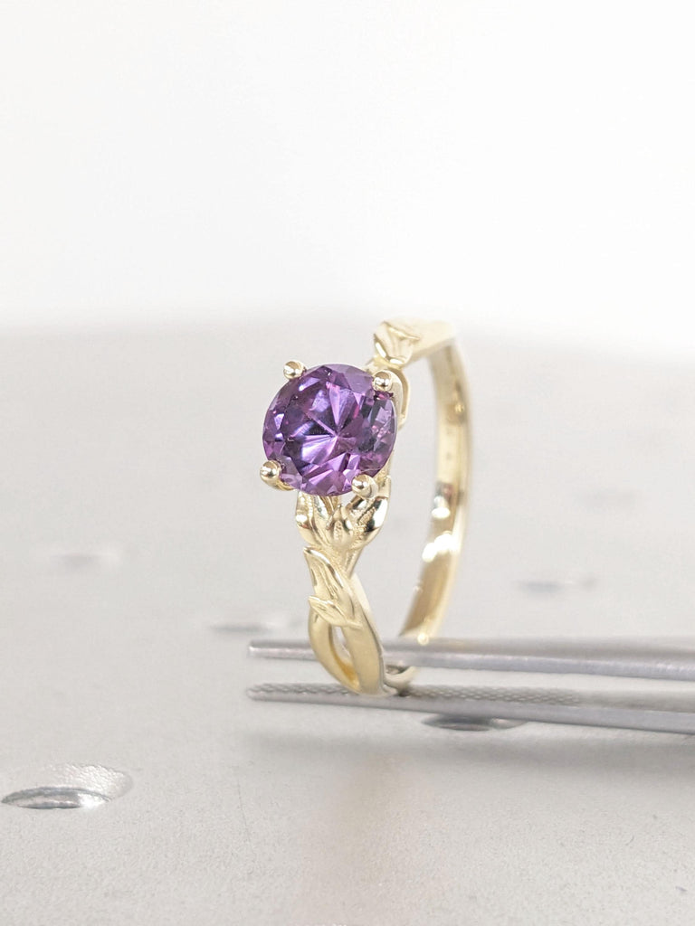 Unique Purple Lab Alexandrite Solitaire Engagement Gold Ring for Women | Nature Inspired Floral Ring