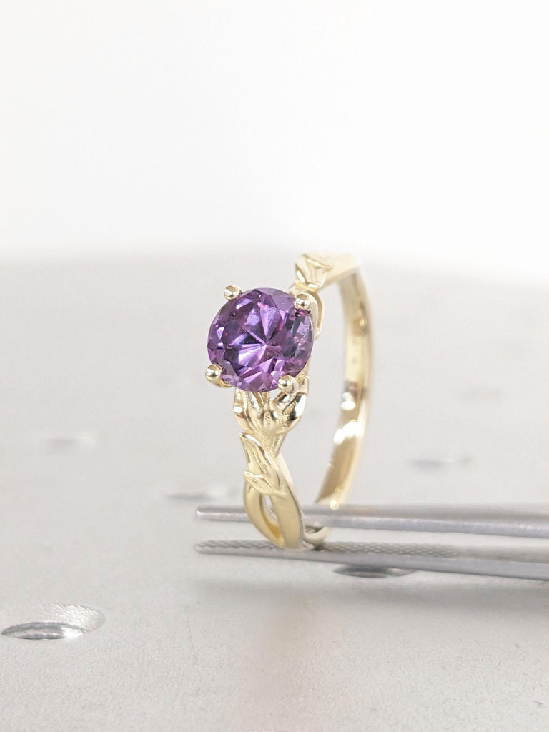 Unique Purple Lab Alexandrite Solitaire Engagement Gold Ring for Women | Nature Inspired Floral Ring