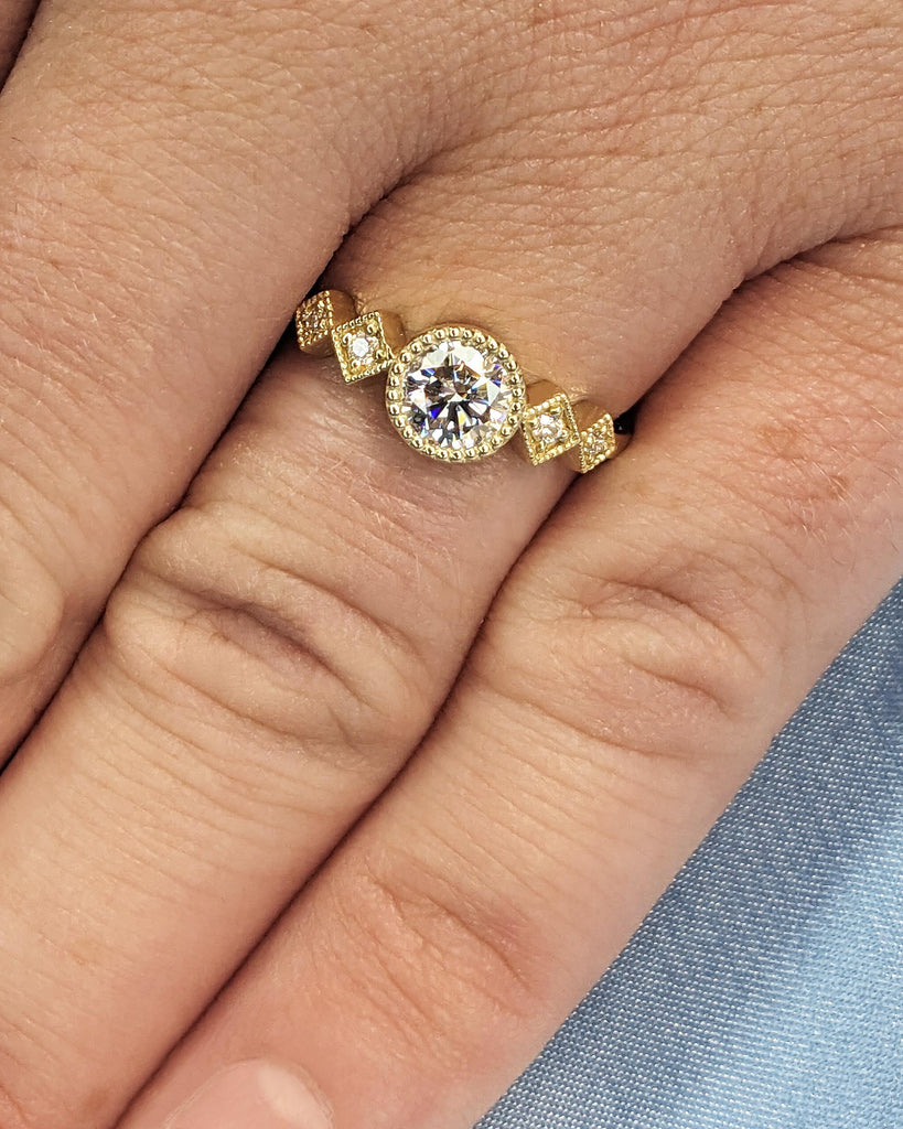 5mm Moissanite Engagement Ring, Milgrain 14K Yellow Gold Wedding Band, Round Moissanite Ring, Unique Proposal Ring, Wedding Anniversary Gift