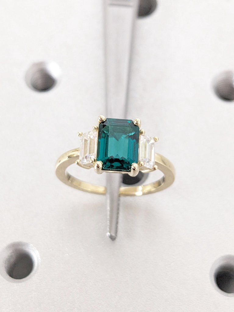 Lab Emerald and Lab Grown Diamond 3 Stone Engagement Ring | Solid Gold Rings for Women | Bridal Ring Gift for Her