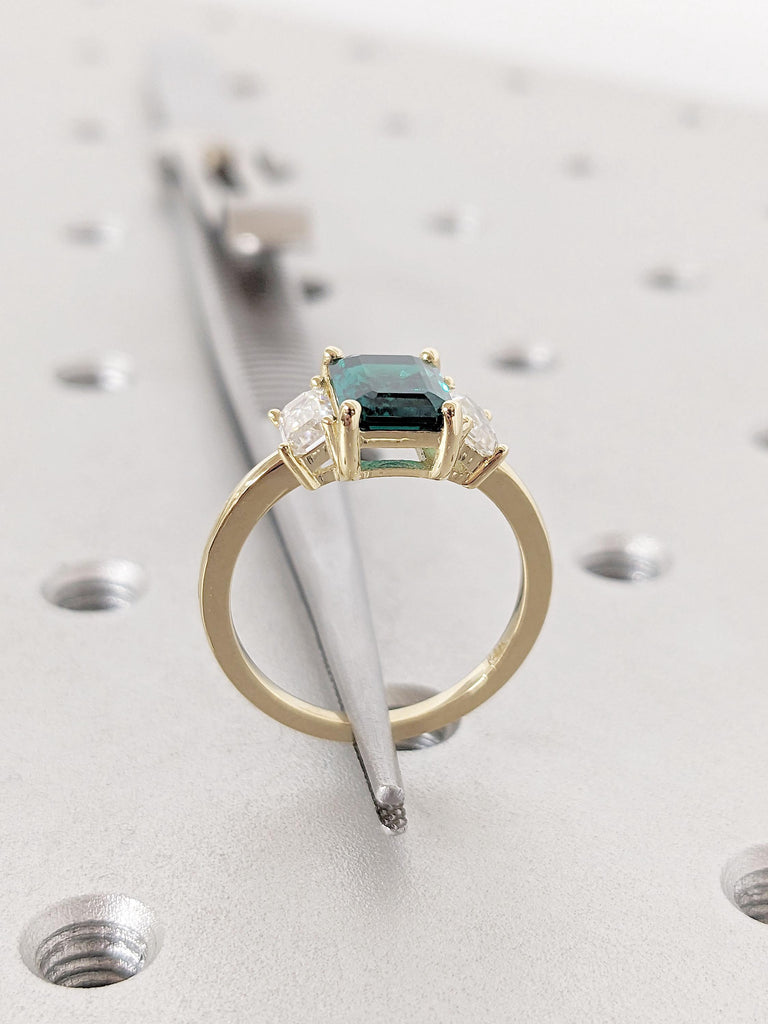 Unique Green Emerald and Lab Grown Diamond Engagement Ring | Solid Gold Rings for Women | Bridal Ring Gift for Her | Past Present Future