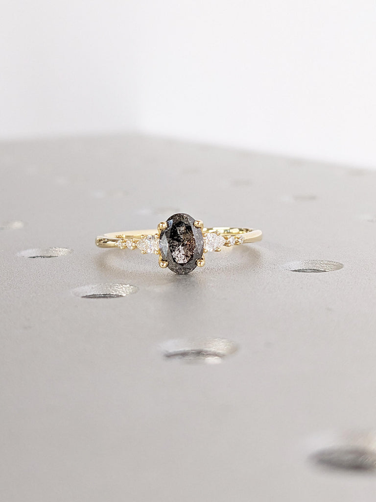 Oval Salt and Pepper Diamond Engagement Ring, 18k Yellow Gold Promise Ring, Moissanite and Diamond Wedding Ring, Unique Anniversary Gift