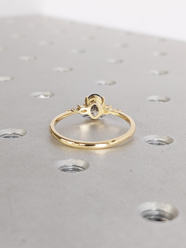 Oval Salt and Pepper Diamond Engagement Ring, 18k Yellow Gold Promise Ring, Moissanite and Diamond Wedding Ring, Unique Anniversary Gift