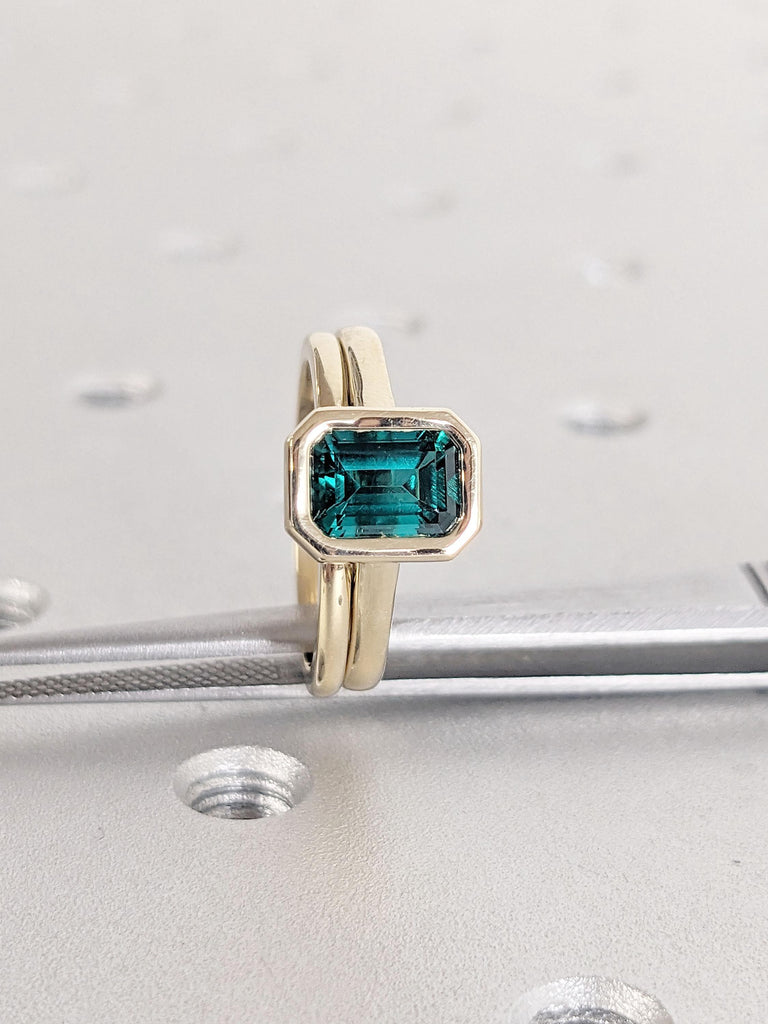 Emerald cut Lab Created Emerald Engagement Ring Set | Solid Gold Stacking Rings for Women | Solitaire Promise Ring for Her | Plain Gold Band