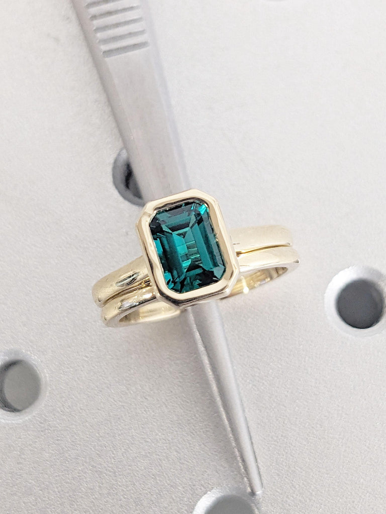 Emerald cut Lab Created Emerald Engagement Ring Set | Solid Gold Stacking Rings for Women | Solitaire Promise Ring for Her | Plain Gold Band