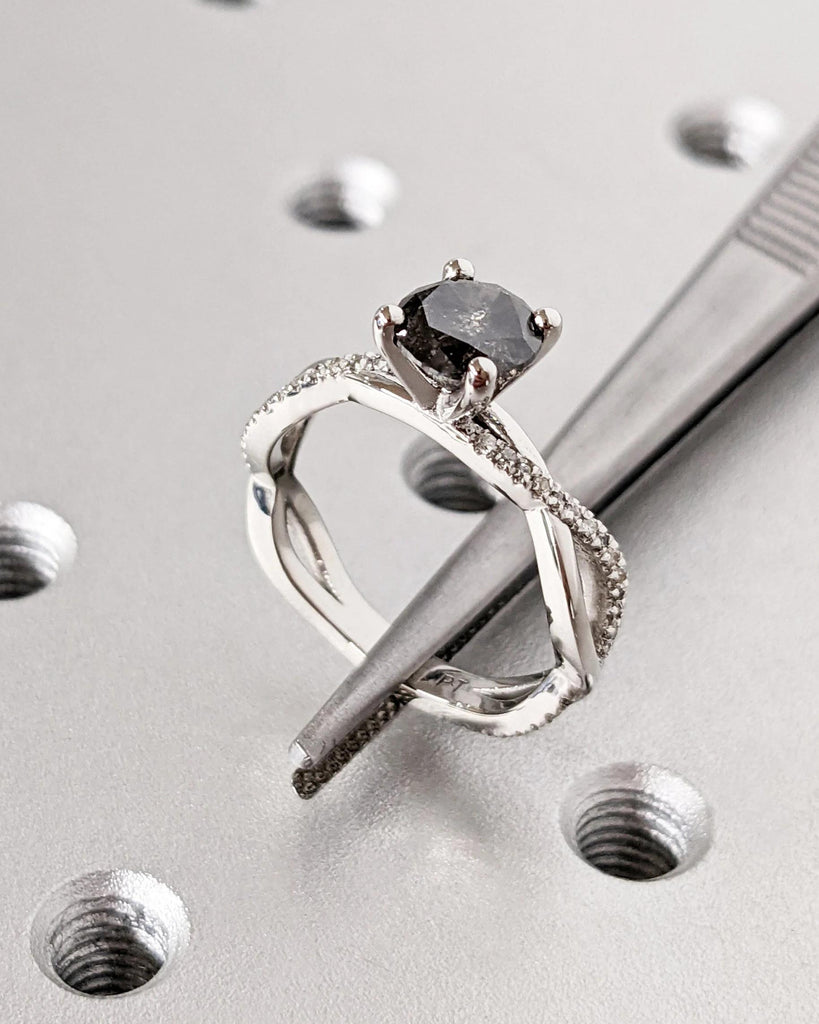 Round cut Salt and Pepper Black Diamond Engagement Ring | Platinum Engagement Ring for Her | Twisted Ring | Diamond Cluster Eternity Band