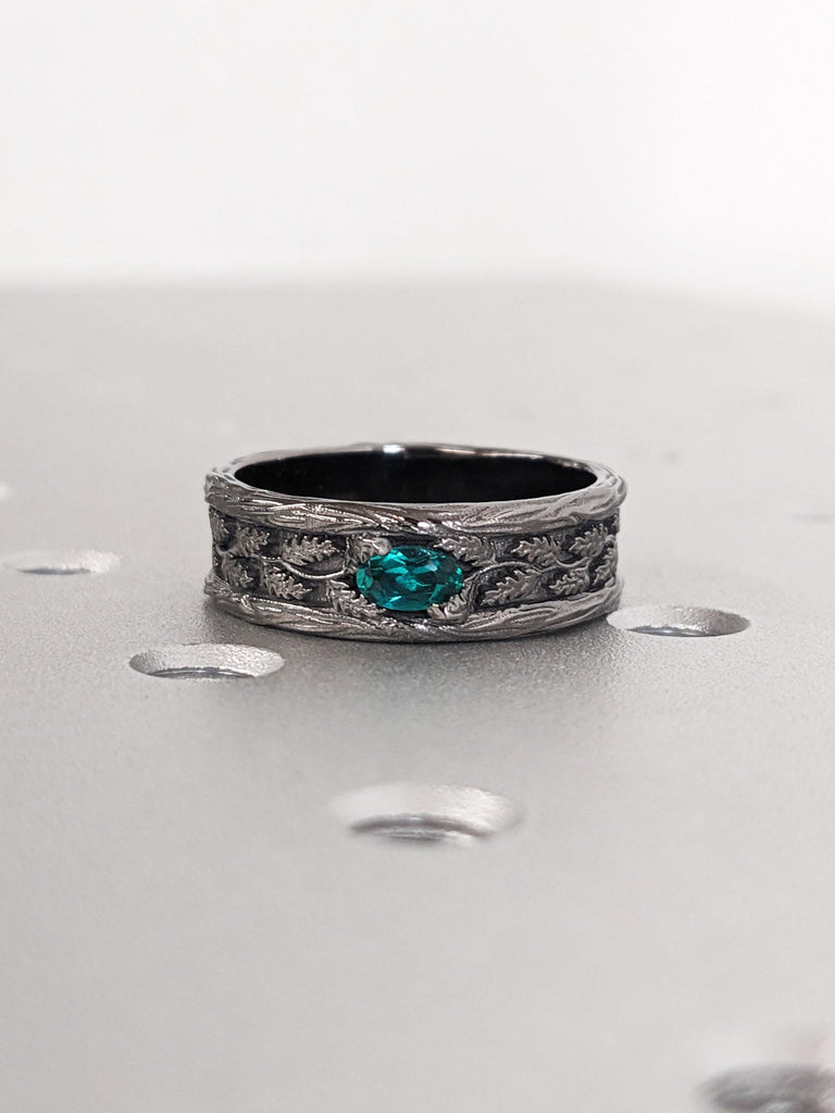 Vintage Ring for Men | 14k Black Gold Lab Emerald Ring | Mens Nature Inspired Ring | Unique Wedding Band for Him | Anniversary Gift for Men