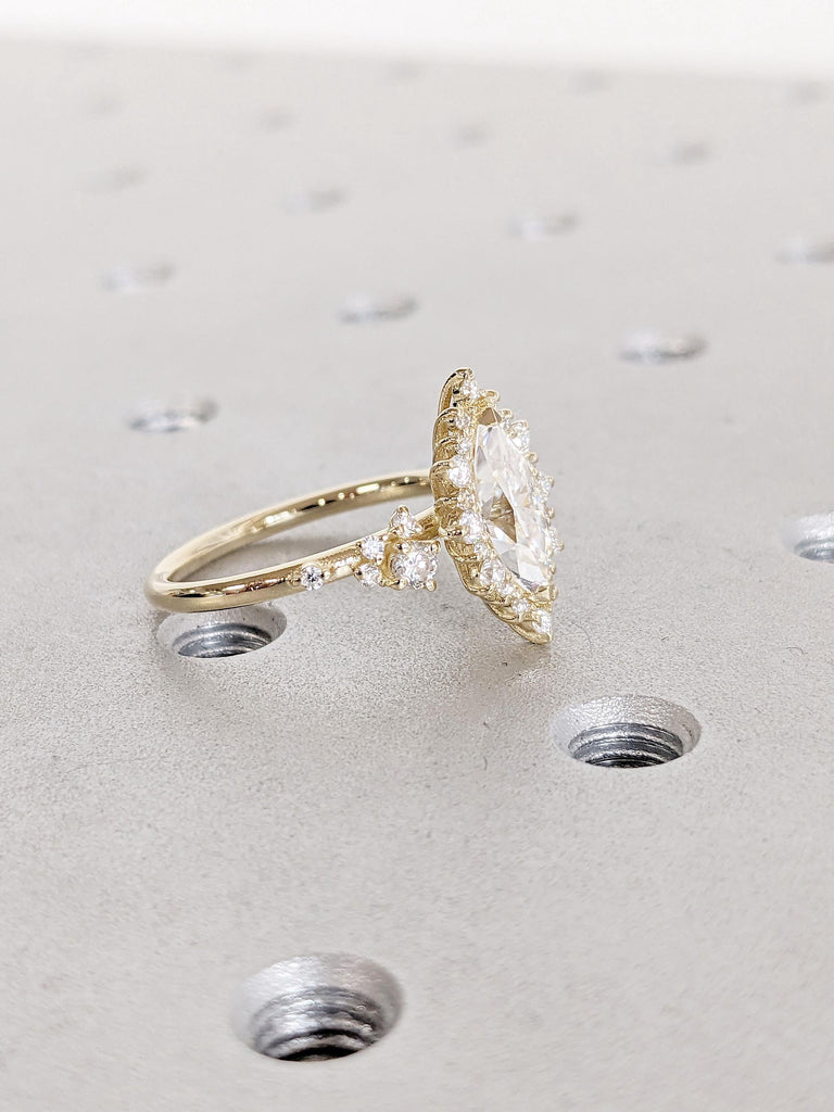 Art Deco 14k Gold Rings for Women | Moissanite and Diamond Wedding Anniversary Ring for Wife | Marquise Halo Engagement Ring | Bridal Ring