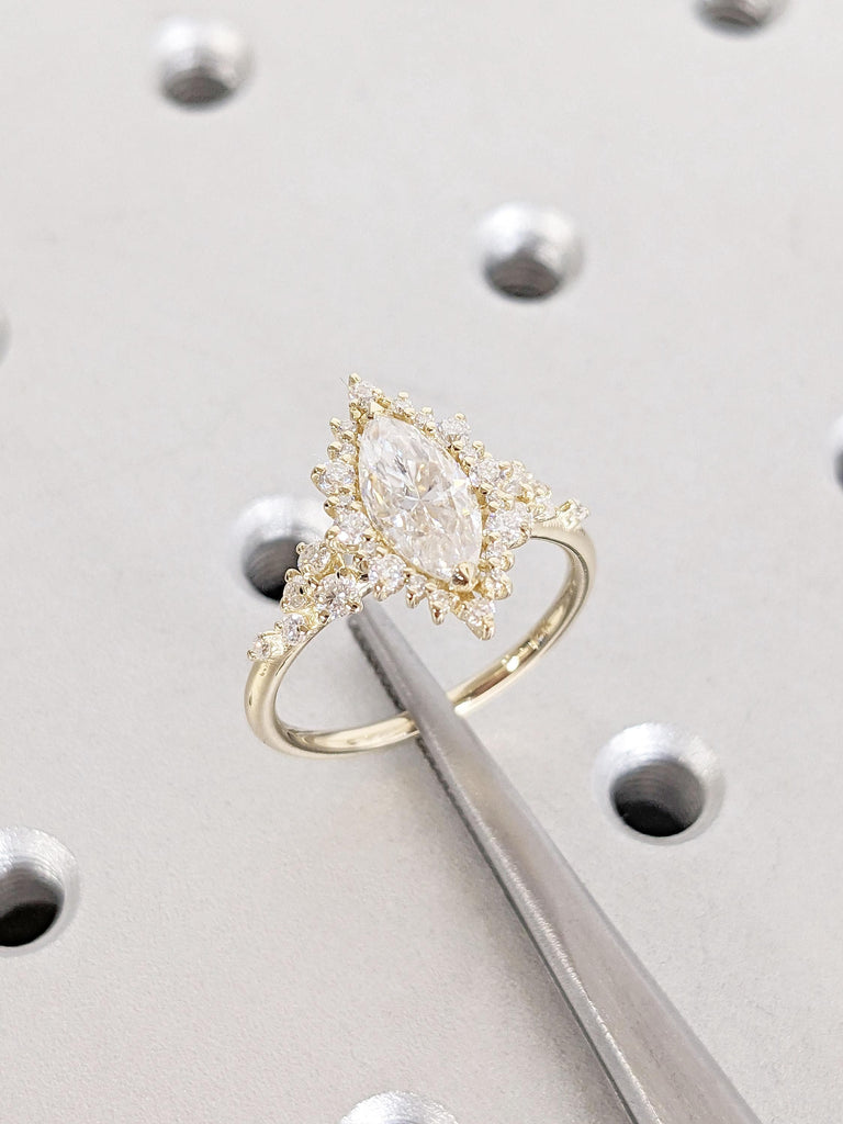 Art Deco 14k Gold Rings for Women | Moissanite and Diamond Wedding Anniversary Ring for Wife | Marquise Halo Engagement Ring | Bridal Ring
