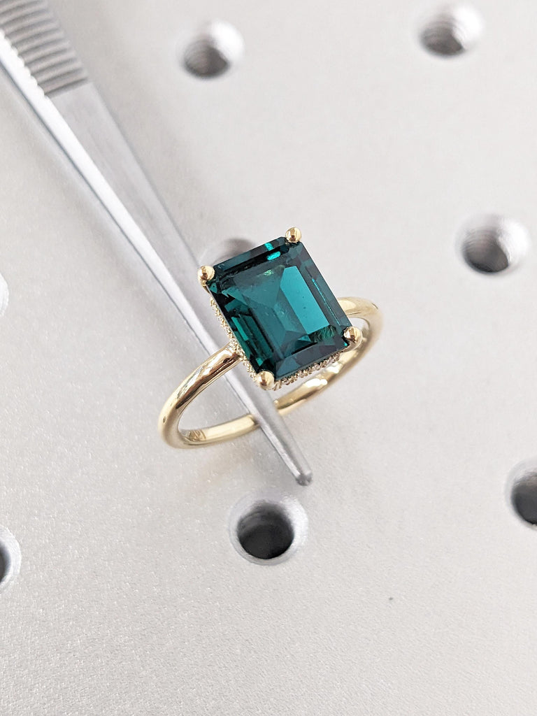 18k Yellow Gold Hidden Halo Wedding Ring, Lab Grown Emerald Engagement Ring, Emerald Cut Promise Ring, Unique Solitaire Ring, Birthday Gift