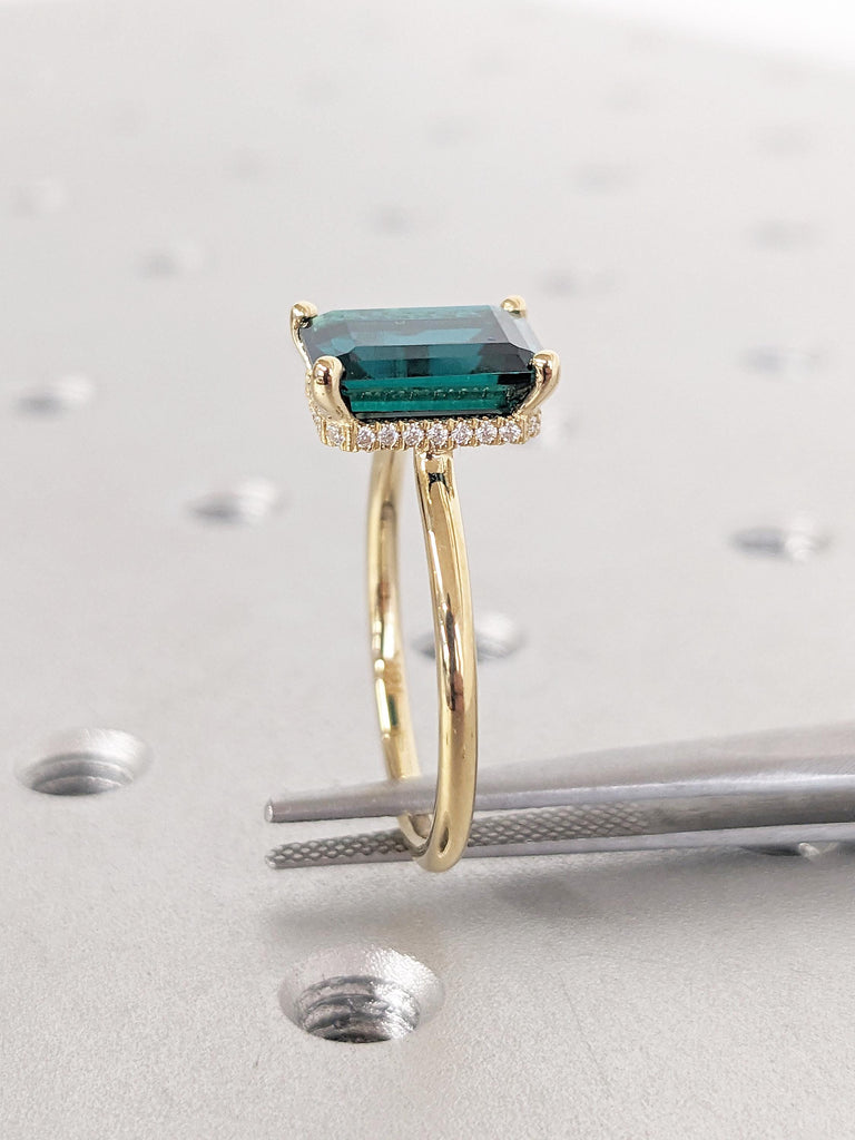 18k Yellow Gold Hidden Halo Wedding Ring, Lab Grown Emerald Engagement Ring, Emerald Cut Promise Ring, Unique Solitaire Ring, Birthday Gift