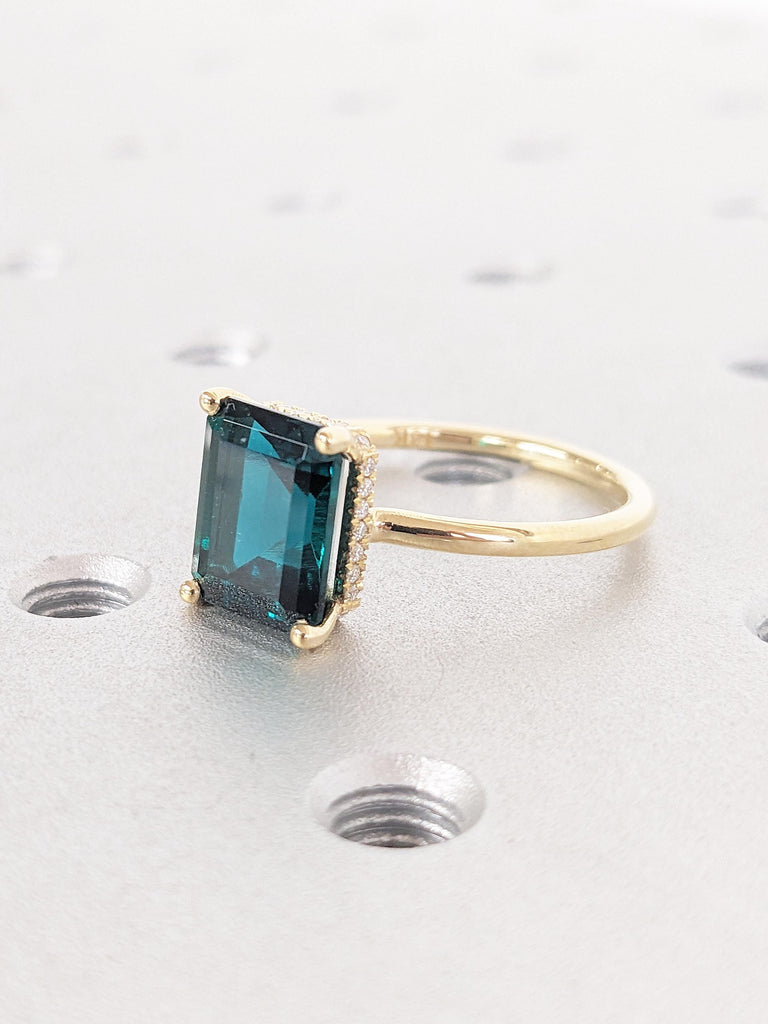 18k Yellow Gold Hidden Halo Wedding Ring, Lab Grown Emerald Engagement Ring, Emerald Cut Promise Ring, Unique Solitaire Ring, Birthday Gift