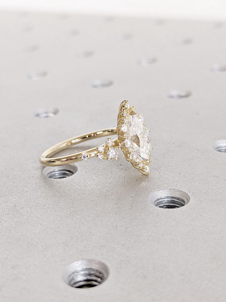 Marquise Lab Grown Diamond 14K Yellow Gold Engagement Ring | Unique Snowdrift Diamond Cluster Promise Ring | Art Deco Wedding Ring for Her