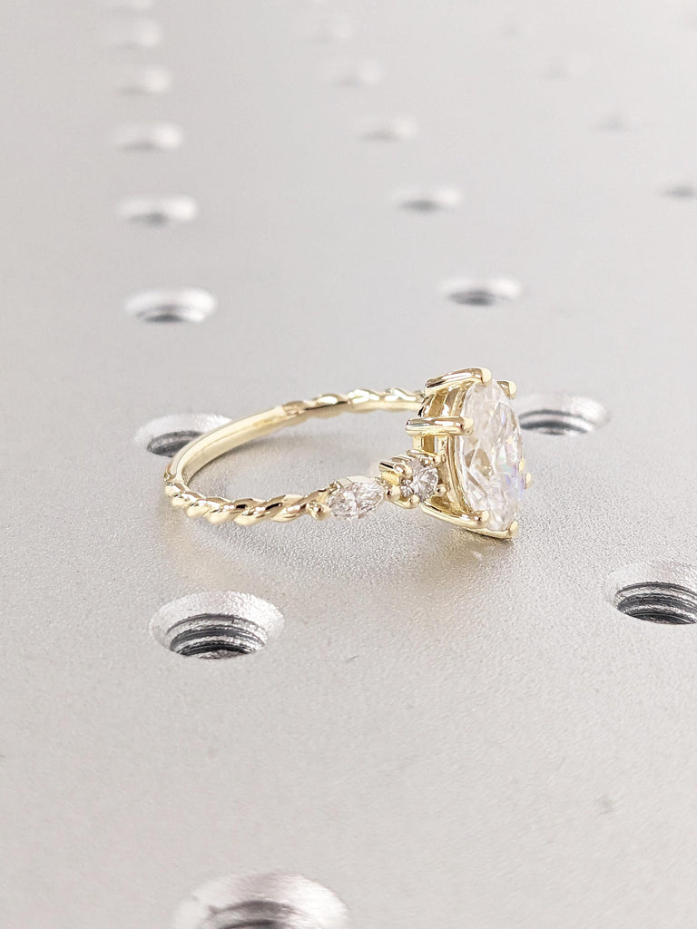 Art Deco Oval Moissanite Ring, 14K Yellow Gold Twisted Ring, Dainty Promise Ring, Marquise and Round Diamond Engagement Ring, Gift for Wife