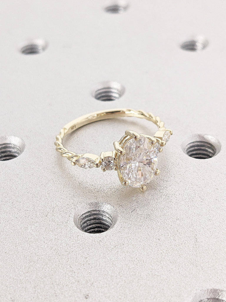 Oval Moissanite Engagement Ring, 14K Yellow Gold Twisted Ring, Art Deco Promise Ring, Marquise and Round Diamond Wedding Ring, Gift for Her