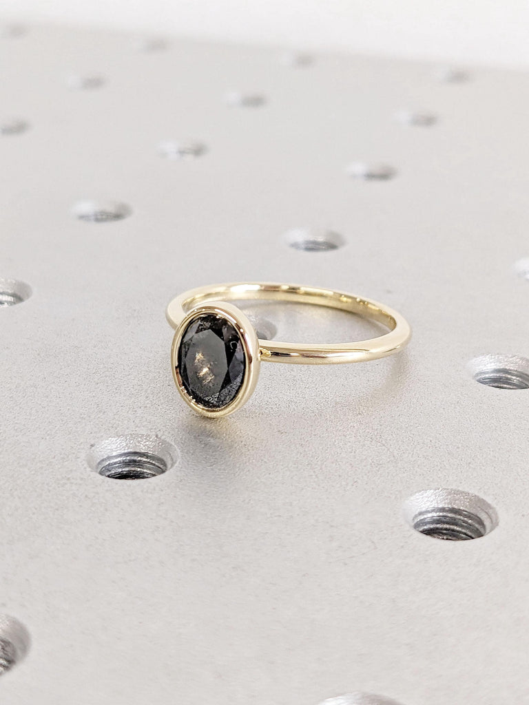 Bezel set Natural Salt and Pepper Black Diamond Simple Promise Ring for Her | Vintage Wedding Ring | 14k 18k Gold Ring | Woman Bridal Ring