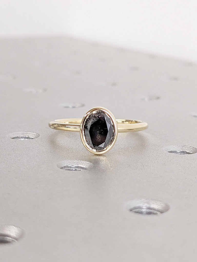 Bezel set Natural Salt and Pepper Black Diamond Simple Promise Ring for Her | Vintage Wedding Ring | 14k 18k Gold Ring