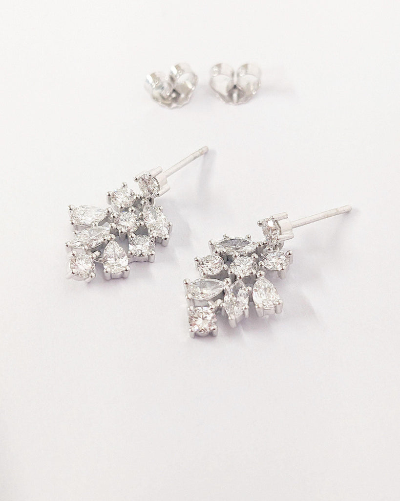 14K White Gold Wedding Earrings - Winter Wedding - Bridal Earrings - Long Drop Diamond Earrings - Marquise Leaves Floral Statement Earrings