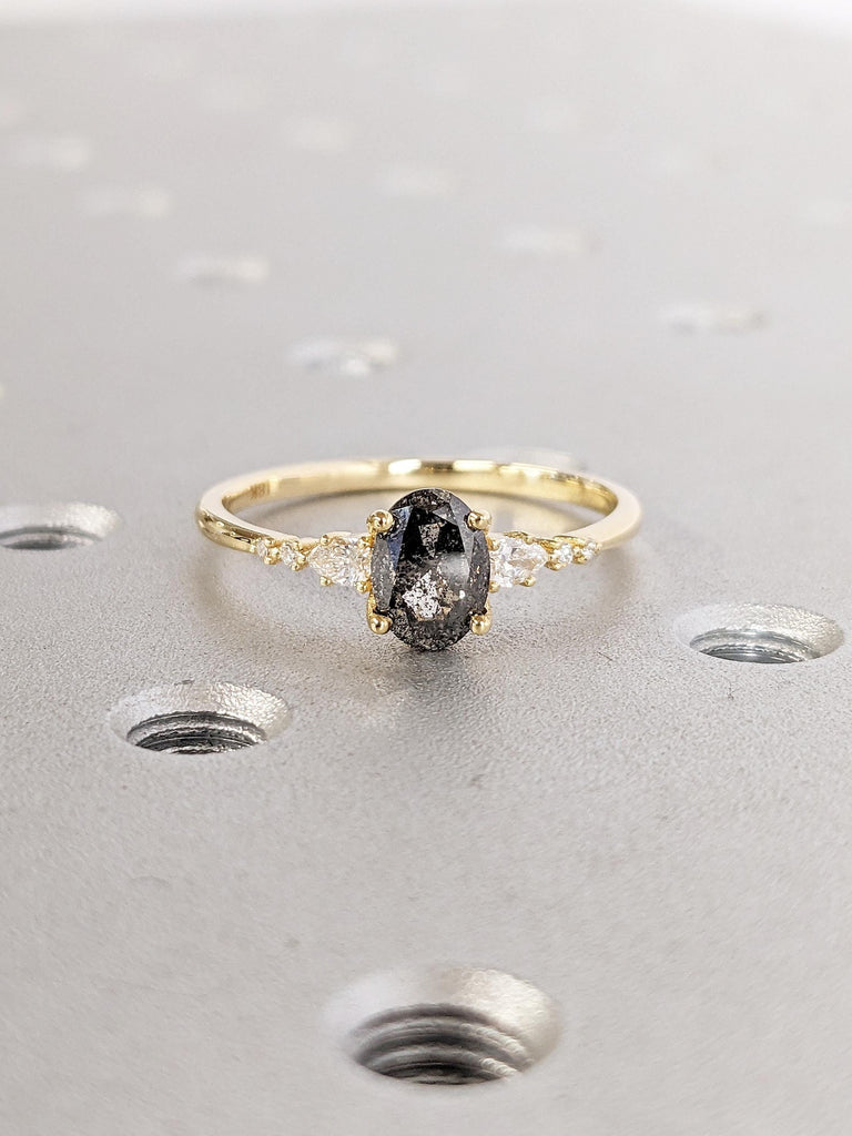 Art Deco 18k Yellow Gold Anniversary Ring, Oval Salt and Pepper Diamond Wedding Ring, Dainty Diamond Engagement Ring, Birthday Gift for Wife