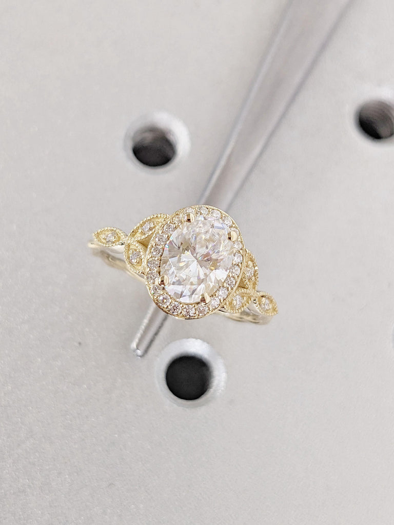 1ct VVS Moissanite Art Deco Promise Anniversary Ring for Her | Real Gold Engagement Ring | Twisted Ring | Diamond Oval Halo Ring