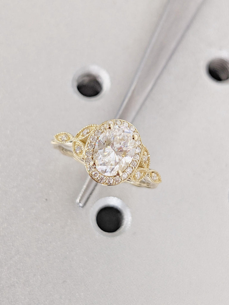 1ct VVS Moissanite Art Deco Promise Anniversary Ring for Her | Real Gold Engagement Ring | Twisted Ring | Diamond Oval Halo Ring