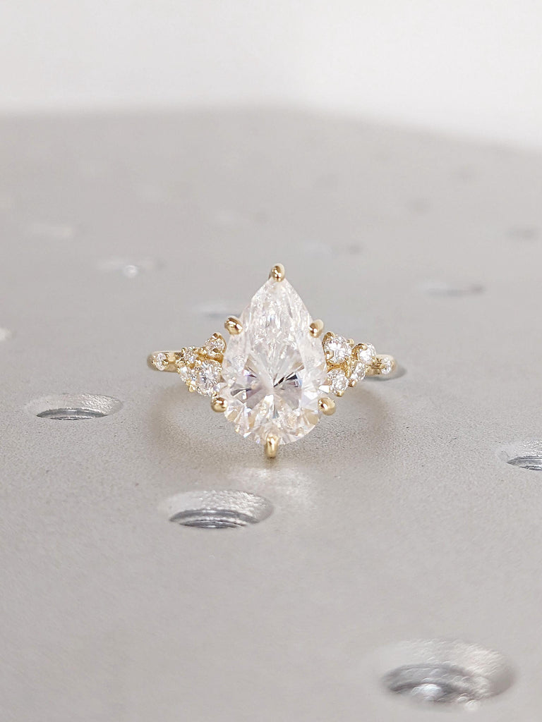 Pear cut Lab Grown Diamond 18K Yellow Gold Engagement Ring | Unique Snowdrift 6 Prong Diamond Cluster Promise Ring | Wedding Ring for Her