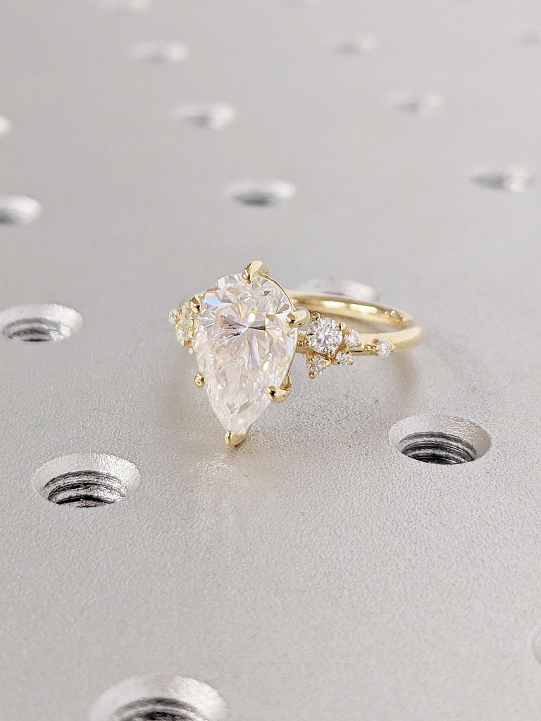 Pear cut Lab Grown Diamond 18K Yellow Gold Engagement Ring | Unique Snowdrift 6 Prong Diamond Cluster Promise Ring | Wedding Ring for Her