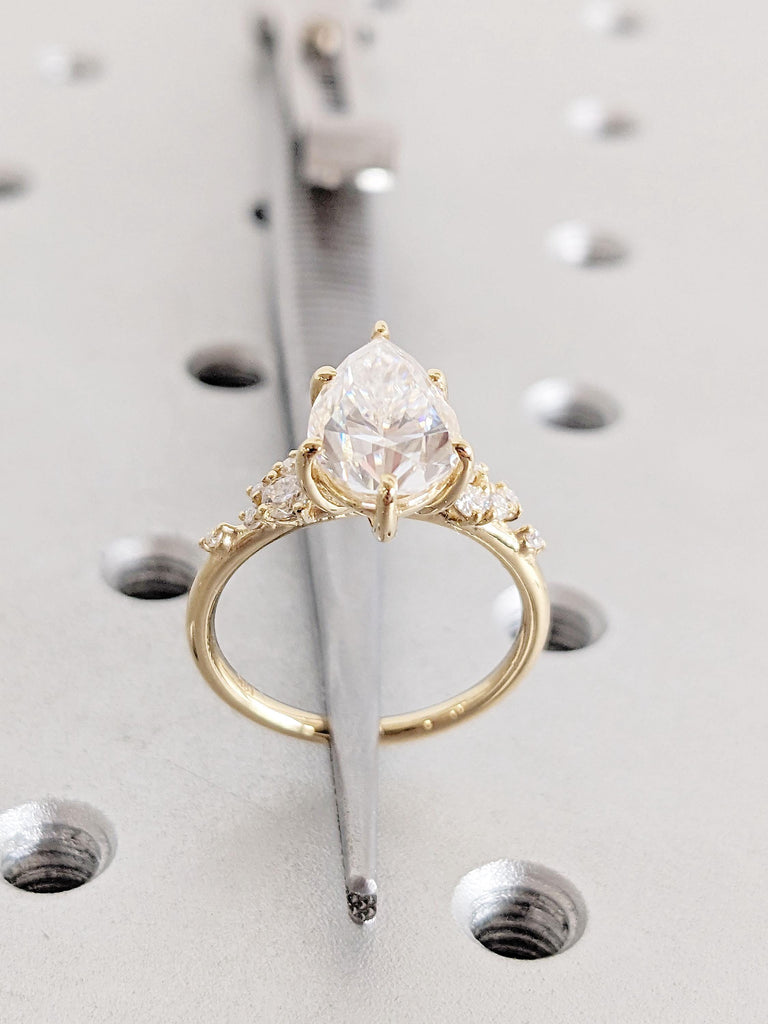 Pear cut Lab Grown Diamond 18K Yellow Gold Engagement Ring | Unique Snowdrift 6 Prong Diamond Cluster Promise Ring | Wedding Ring for Her