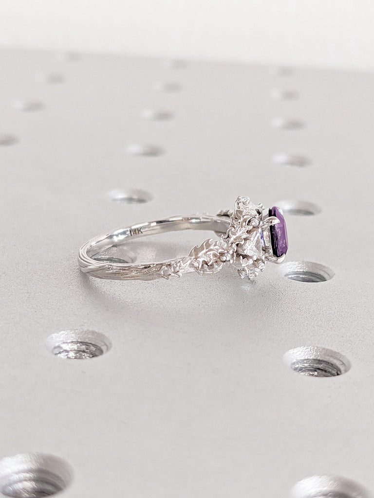 Oval cut Purple Alexandrite and Diamond Engagement Ring | 14k White Gold Lab Alexandrite Ring | Art Deco Ring | Rustic Leaf and Twigs Ring