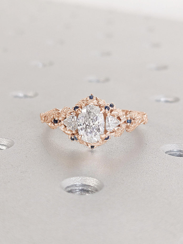 Unique Sapphire and Lab Created Diamond Engagement Rings for Women | 14k Rose Gold Promise Ring | Leaf and Twigs Ring | Rustic Engagement Ring