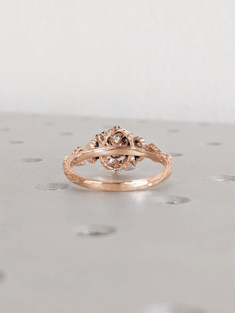 Oval cut Certified Lab Diamond Rustic Engagement Ring | 14k Rose Gold Diamond and Sapphire Ring | Art Deco Bridal Ring | Leaf and Twigs Ring image #7