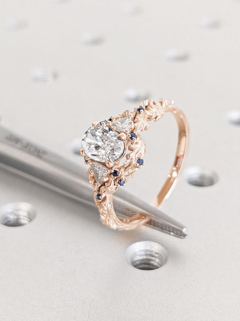 Oval cut Certified Lab Diamond Rustic Engagement Ring | 14k Rose Gold Diamond and Sapphire Ring | Art Deco Bridal Ring | Leaf and Twigs Ring image #2