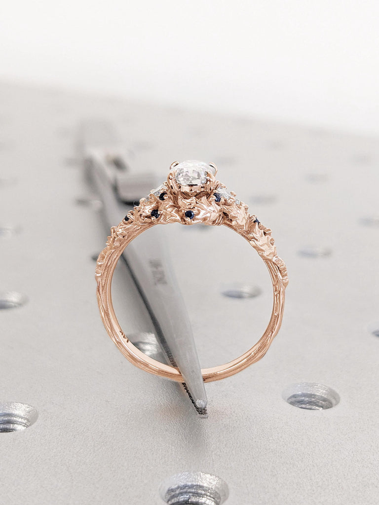 Oval cut Certified Lab Diamond Rustic Engagement Ring | 14k Rose Gold Diamond and Sapphire Ring | Art Deco Bridal Ring | Leaf and Twigs Ring image #3