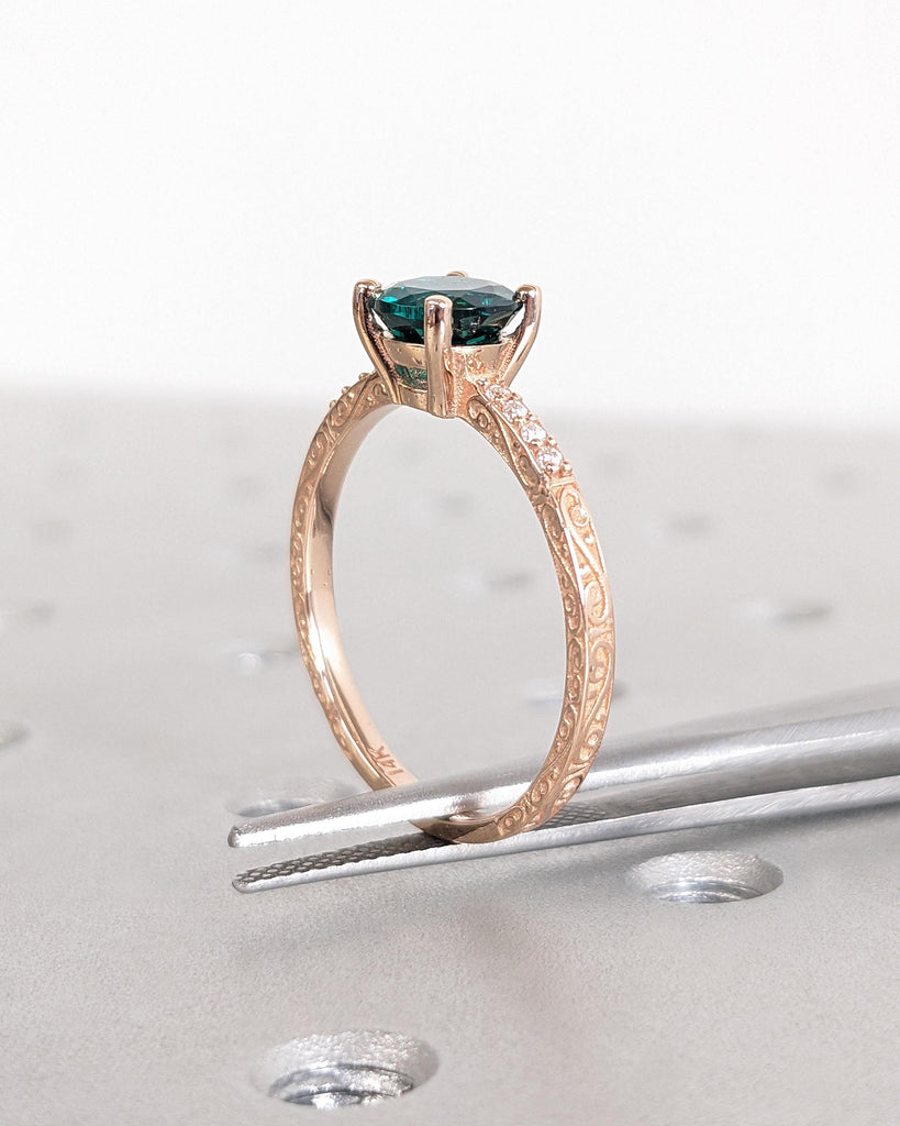 Vintage Emerald Engagement Ring, Rose Gold Ring, Round Cut Wedding Ring, Art Deco Lab Emerald Ring, Unique Anniversary Ring, May Birthstone