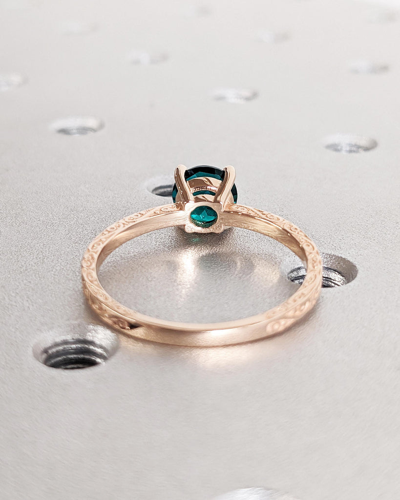 Vintage Emerald Engagement Ring, Rose Gold Ring, Round Cut Wedding Ring, Art Deco Lab Emerald Ring, Unique Anniversary Ring, May Birthstone