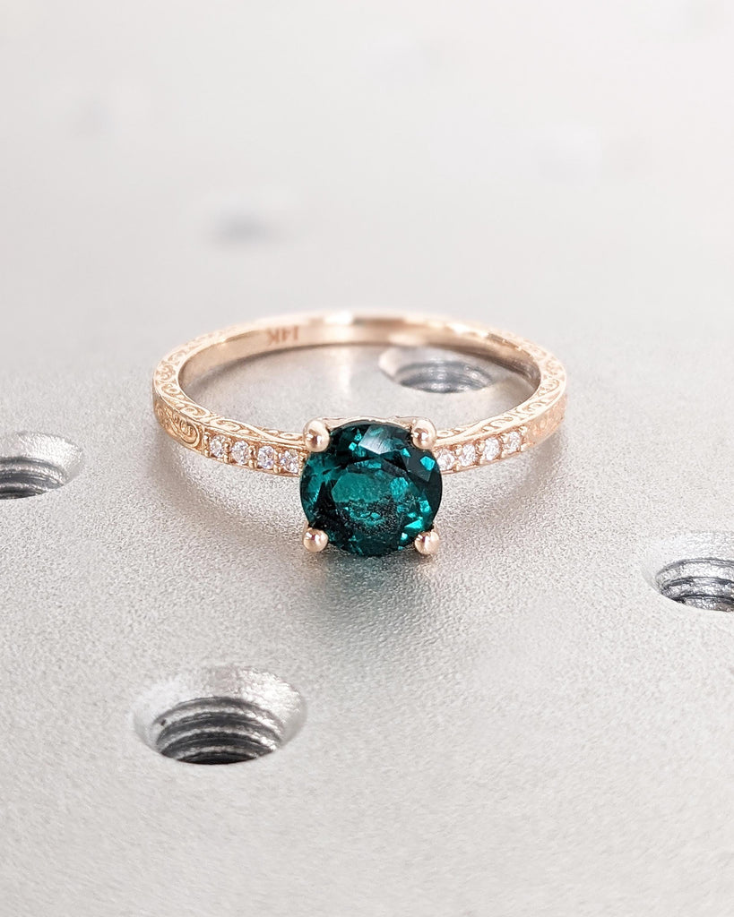 Vintage Emerald Engagement Ring, Rose Gold Ring, Round Cut Wedding Ring, Art Deco Lab Emerald Ring, Unique Anniversary Ring, May Birthstone