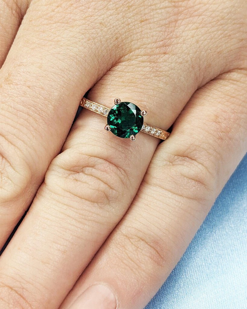 Vintage Emerald Engagement Ring, Rose Gold Ring, Round Cut Wedding Ring, Art Deco Lab Emerald Ring, Unique Anniversary Ring, May Birthstone