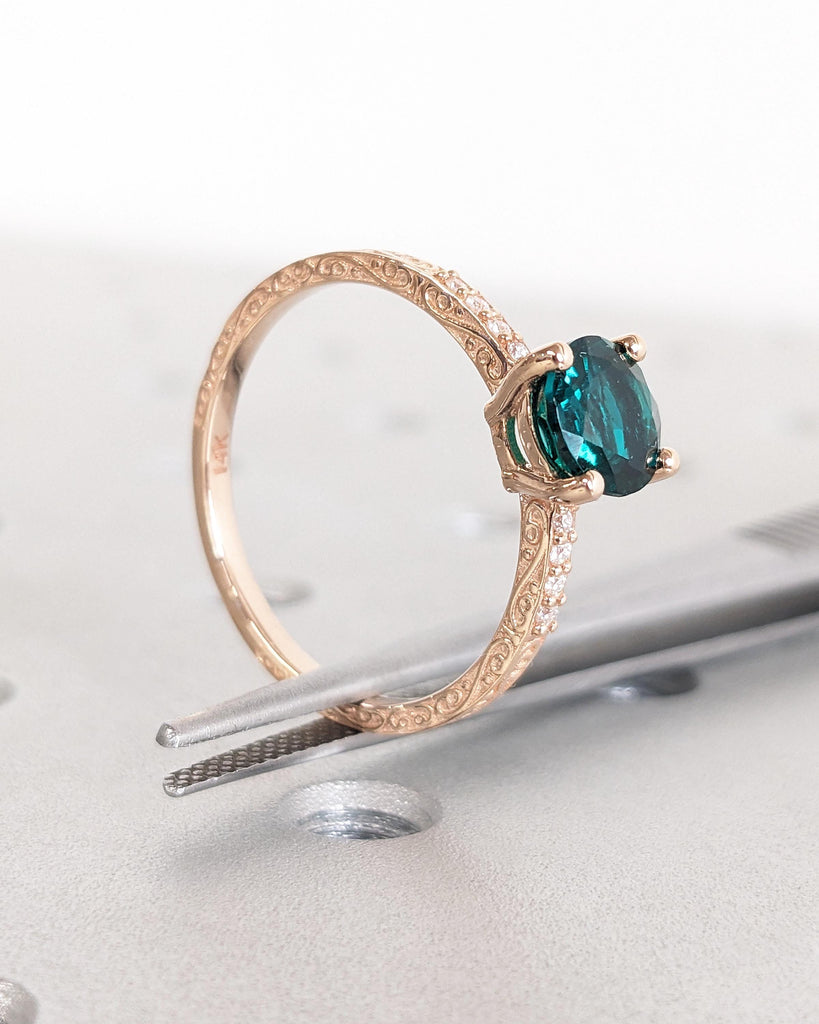 Vintage Emerald Engagement Ring, Rose Gold Ring, Round Cut Wedding Ring, Art Deco Lab Emerald Ring, Unique Anniversary Ring, May Birthstone