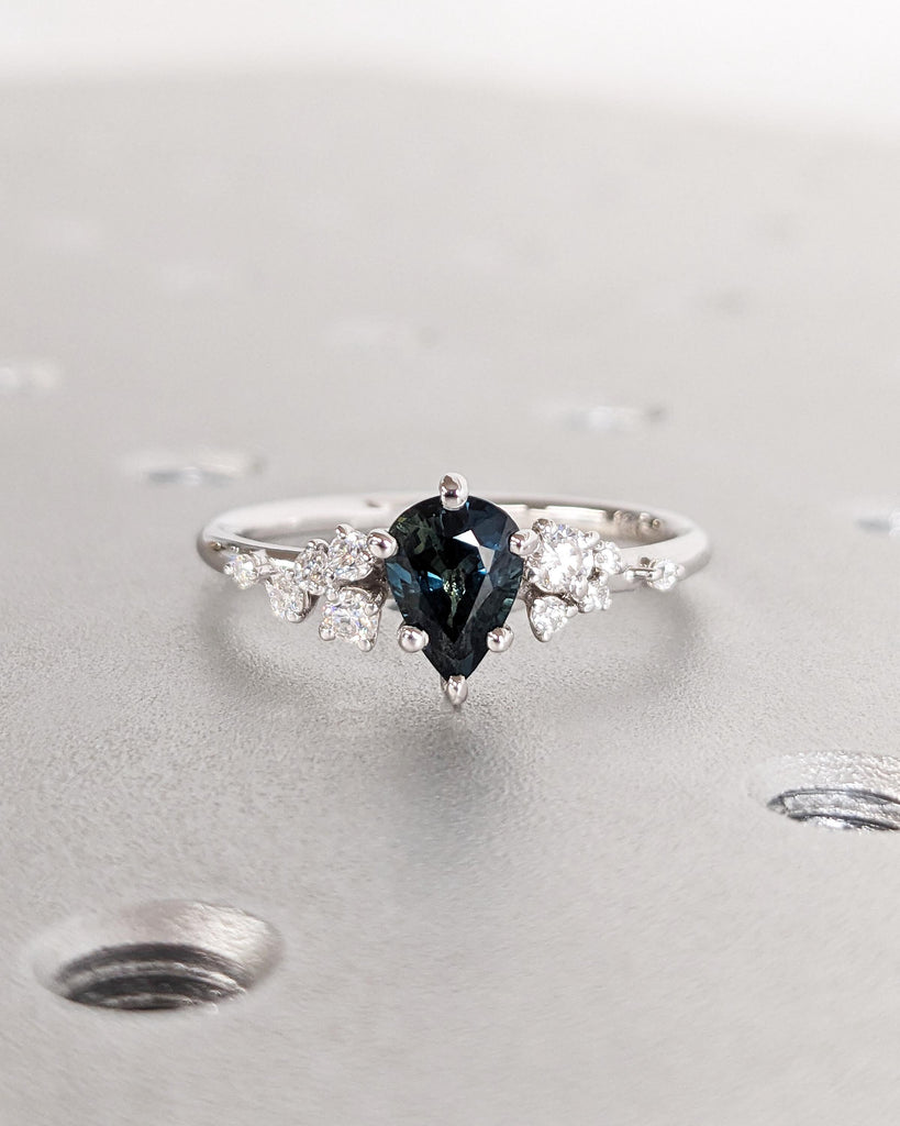 Montana Sapphire Engagement Snowdrift Cluster Ring, Pear Cut Blue Green Teal Peacock Sapphire, Vintage Style Art Deco Bridal Engagement Ring image #2