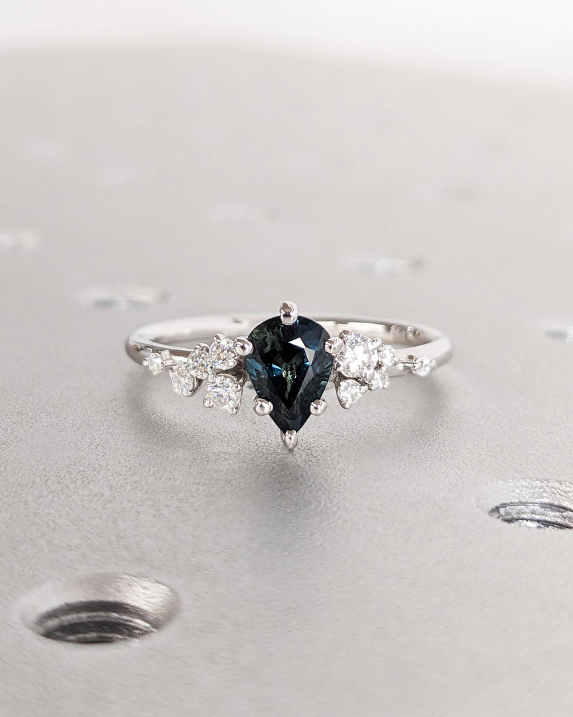 Blue Green Sapphire Ring. Peacock Engagement Ring. Pear Teal Sapphire Ring. 14K White Gold Engagement Ring. Cluster Diamond Ring. Art Deco. image #5