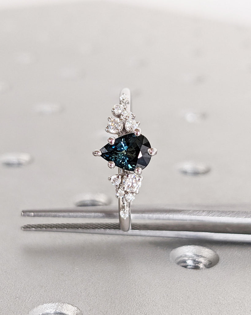 Montana Sapphire Engagement Snowdrift Cluster Ring, Pear Cut Blue Green Teal Peacock Sapphire, Vintage Style Art Deco Bridal Engagement Ring image #4