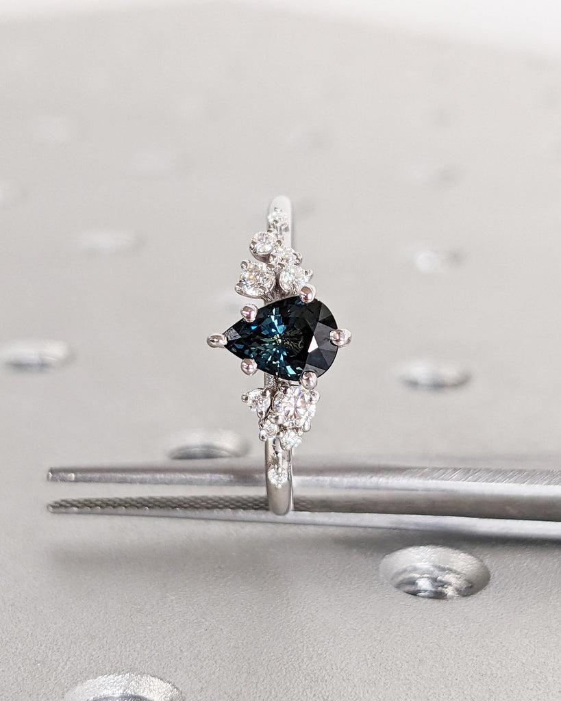 Blue Green Sapphire Ring. Peacock Engagement Ring. Pear Teal Sapphire Ring. 14K White Gold Engagement Ring. Cluster Diamond Ring. Art Deco. image #3